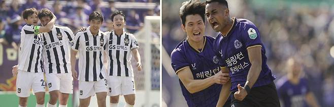 파트리크 클리말라(왼쪽에서 두번째)가 5일 안양전에서 선취골을 넣은 뒤 동료들로부터 축하를 받고 있다. 오른쪽은 후반 동점골을 넣은 뒤 동료 박정훈과 그라운드를 질주하고 있는 안양 아일톤. 프로축구연맹