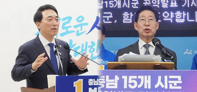 박수현 더불어민주당 충남도지사 출마예정자가 30일 충남도청 프레스센터에서 충남 15개 시군 공약을 발표하고 있다. 사진=조길상 기자&nbsp;(왼쪽)&nbsp;양승조 더불어민주당 충남도지사 예비후보가 30일 아산시청 중회의실에서 충남 15개 시군 2차 공약을 발표하고 있다. 양승조 예비후보 사무소 제공 (오른쪽)