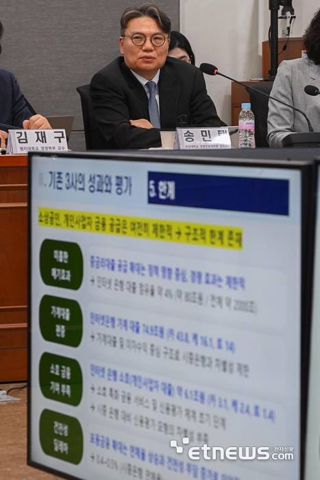 '중단된 제4인터넷뱅크, 재추진 필요한가?' 토론회가 6일 서울 여의도 국회 의원회관에서 열렸다. 송민택 한양대 교수가 '인터넷전문은행 성과와 평가 및 제4인터넷전문은행 도입 진행절차 평가를 중심으로'를 주제로 발제하고 있다.  이동근기자 foto@etnews.com