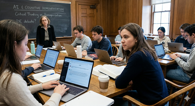 예일대 학생들이 AI에 토론 의존하는 모습을 이미지로 그렸다. [구글 Gemini]