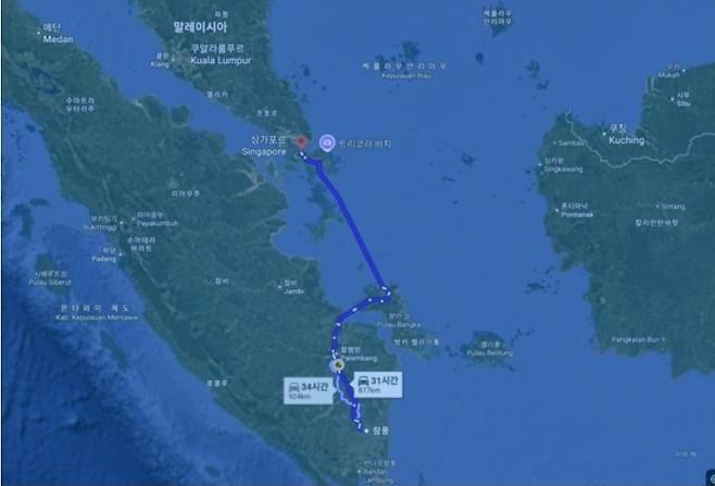 수마트라의 유명 커피 산지인 람풍에서 바탐까지는 육로로 31시간 밖에 안된다. 사진제공|구글지도