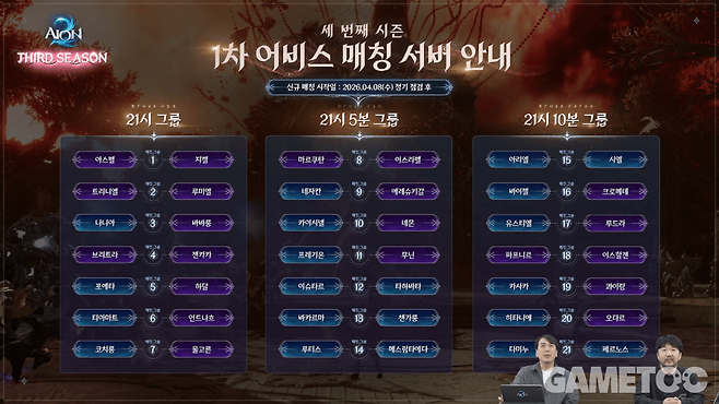시즌3 1차 어비스 매칭 서버&nbsp;[사진=아이온2 유튜브]