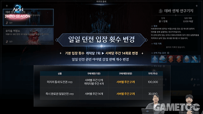 일일 던전 입장 횟수 변경&nbsp;[사진=아이온2 유튜브]