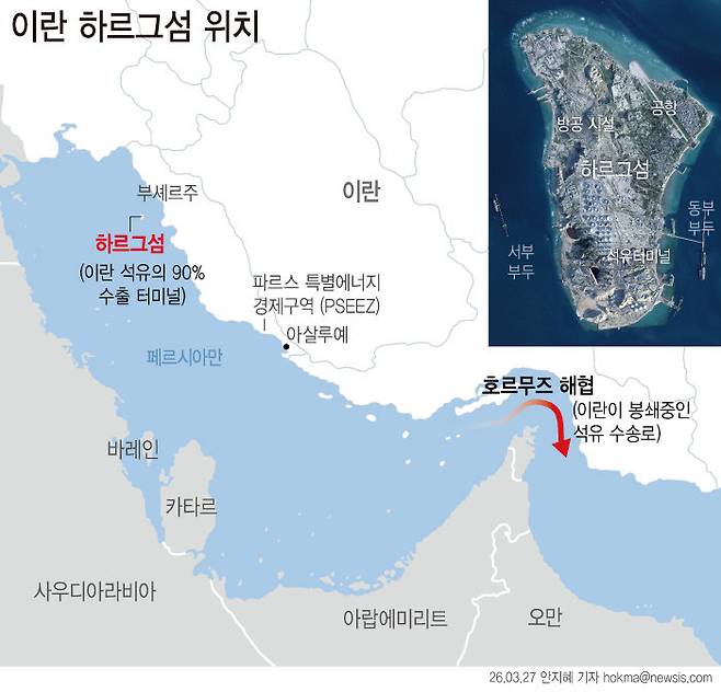 이란의 핵심 원유 수출 거점인 하르그섬. [서울=뉴시스]