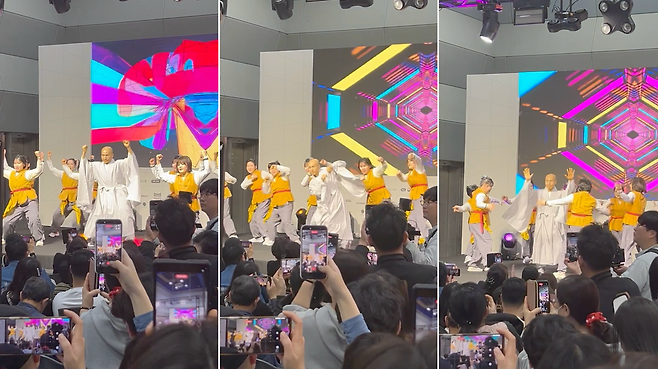 A monk performs a dance cover of G-Dragon and Taeyang’s “Good Boy” with the Surisuri Maha Dance Team at the 2026 Seoul International Buddhism Expo. (Choi Ja-yung)