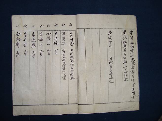 경주 갓뒤마을 동계의 취지문과 계원 명단이 적힌 문건.