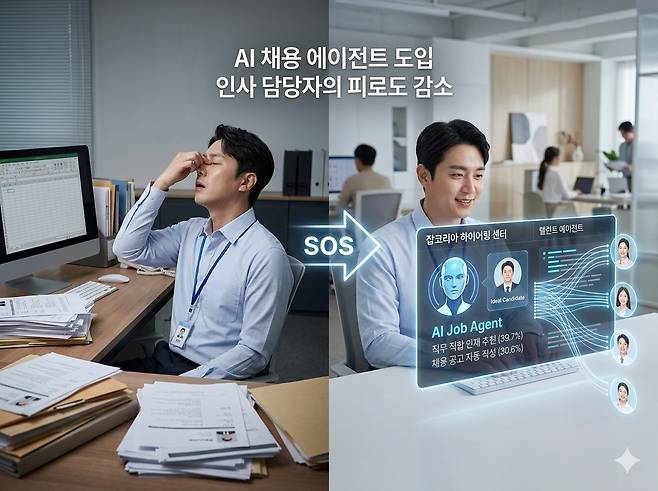 HR테크 플랫폼 잡코리아(운영 법인 웍스피어)가 지난 2월26일부터 지난달 20일까지 국내 기업 채용 담당자 1286명을 대상으로 실시한 ‘AI 채용 에이전트 도입 및 활용 인식’ 설문조사 결과는 국내 기업 HR 담당자들의 피로도를 수치로 증명한다. 이해를 돕기 위해 구글의 생성형 인공지능 ‘제미나이’로 만든 이미지