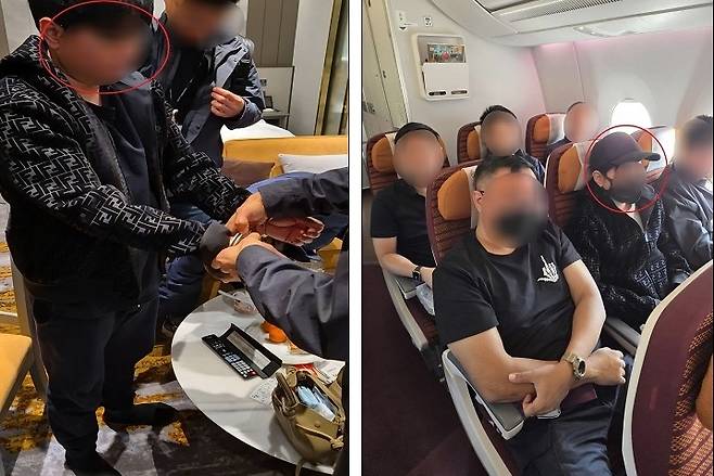 법무부 이민특조팀이 강남의 한 호텔에서 국제 마약조직 총책 T씨에 대해 체포 절차를 집행하고 있다(왼쪽). 검거된 T씨가 태국 정부 호송단 5명에 이송되어 비행기에 탑승한 모습(오른쪽). 국가정보원 제공