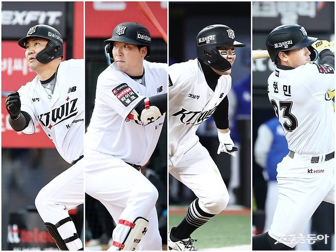 KT의 상승세가 예사롭지 않다. 장성우, 김현수, 최원준, 안현민(왼쪽부터) 등의 신구조화가 원동력으로 꼽힌다. 사진제공|KT 위즈