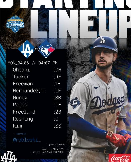▲ 7일(한국시간) 토론토 블루제이스와 경기에 나서는 LA다저스 선발 라인업. ⓒLA다저스 SNS