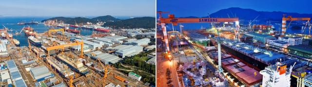 한화오션 거제사업장(왼쪽)과 삼성중공업 거제조선소. 부산일보DB