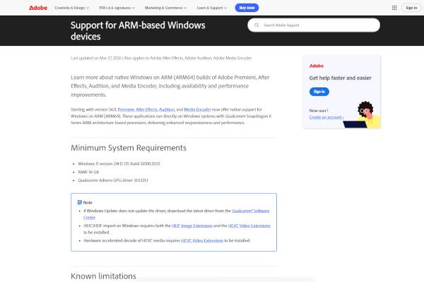 어도비 크리에이티브 클라우드 앱들의 Arm 지원 현황 / 어도비 홈페이지 갈무리