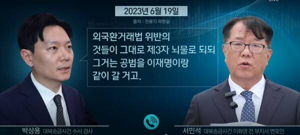 2023년 6월 19일 당시 수원지검 형사6부 소속이던 박상용 검사와 이화영 전 경기도 평화부지사의 변호인 중 한 명이던 서민석 변호사와의 통화 내용 일부. 채널A 화면 갈무리
