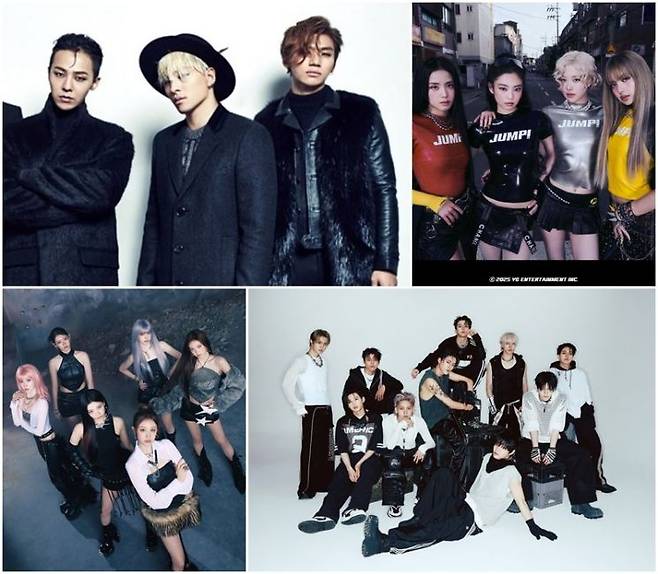 (시계방향)빅뱅, 블랙핑크, 트레저, 베이비몬스터. YG엔터테인먼트