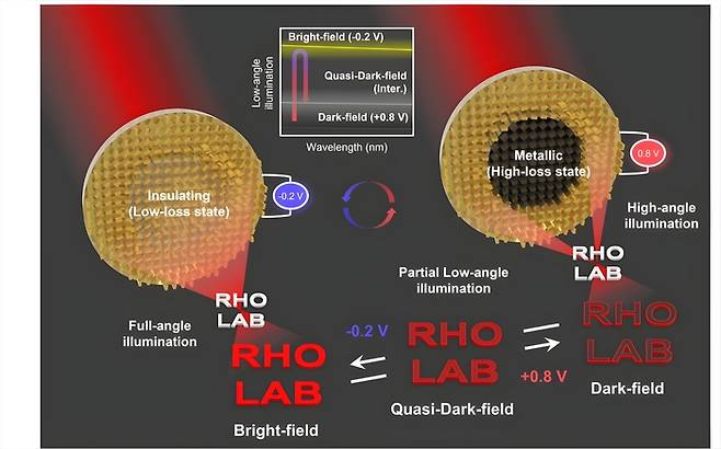 준암시야 생물학 이미징을 구현할 수 있는 전기적 재구성형 조명 제어 메타렌즈의 작동 모식도