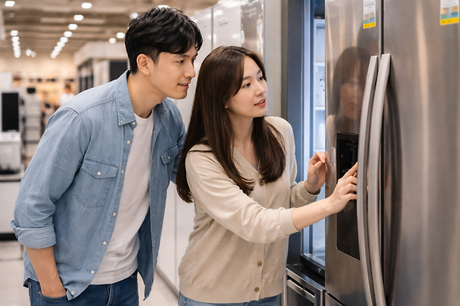 한 부부가 가전을 둘러보는 모습을 생성형 인공지능(AI)를 활용해 제작한 이미지
