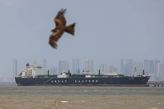 지난 1일(현지시간) 인도 뭄바이 항에 호르무즈 해협을 거쳐 액화석유가스(LPG)를 운반한 인도 국적 선박 ‘자그 바산트(Jag Vasant)’호가 입항하고 있다. EPA연합뉴스