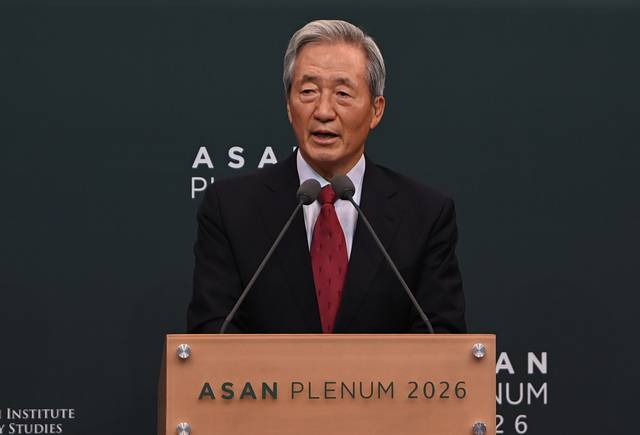 정몽준 아산정책연구원 명예이사장이 8일 오전 서울 용산구 그랜드 하얏트 호텔에서 개막한 ‘아산플래넘 2026’에서 환영사를 하고 있다. 박윤슬 기자