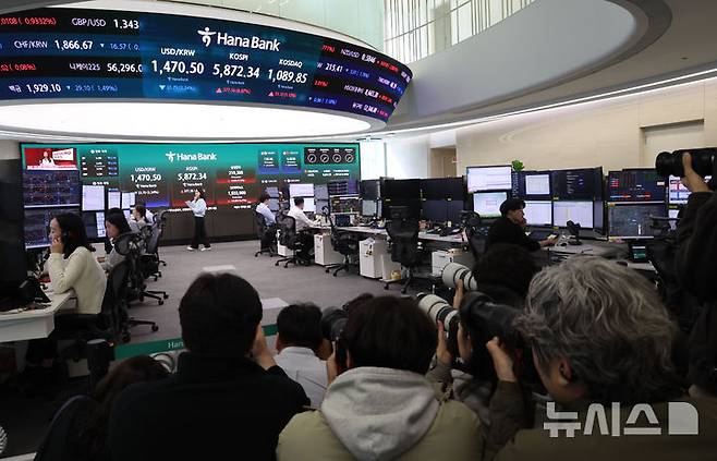 [서울=뉴시스] 권창회 기자 = 8일 오후 서울 중구 하나은행 딜링룸에서 취재진들이 증시 종가 현황을 취재하고 있다.코스피가 전 거래일보다 377.56포인트(6.87%) 오른 5872.34에 마감했다. 코스닥 지수는 전 거래일보다 53.12포인트(5.12%) 상승한 1089.85, 원·달러 환율은 전 거래일보다 33.6원 내린 1470.6원에 마감했다. 2026.04.08. kch0523@newsis.com