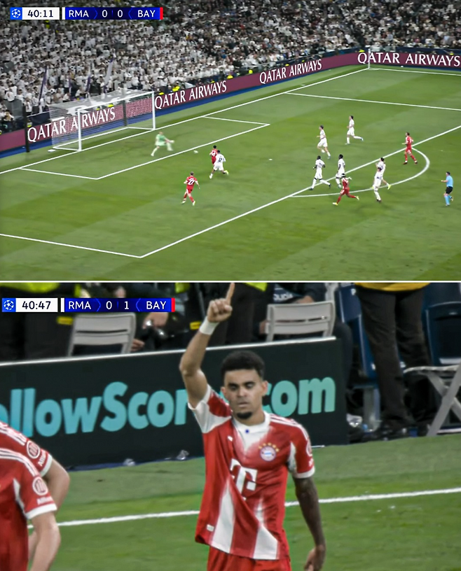 7일, 스페인 마드리드에서 열린 레알 마드리드와 바이에른 뮌헨의 챔피언스 리그 8강 1차전 축구 경기에서 바이에른의 루이스 디아스가 선취골을 만들었다. ESPN FC