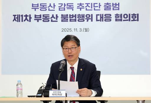 김용수 국무조정실 국무2차장이 지난해 11월 3일 세종시 세종뱅크빌딩 회의실에서 열린 부동산 감독 추진단 출범식 및 제1차 부동산 불법행위 대응 협의회에서 인사말을 하고 있다. /연합뉴스
