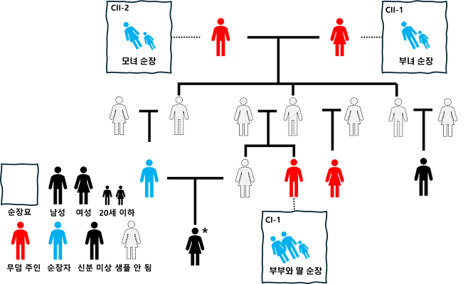 무덤 주인 간 유추된 가족 관계와 가족 순장이 된 경우들을 도식화한 가계도./서울대