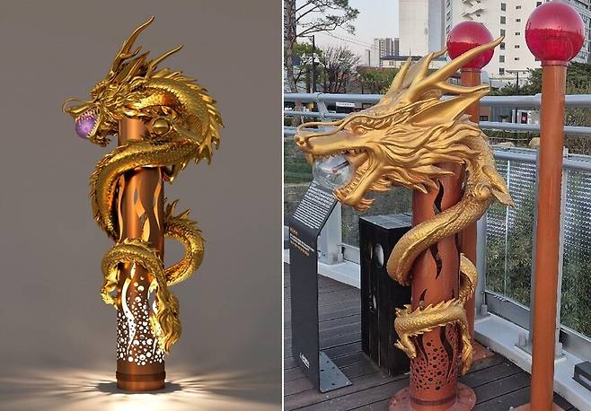 울산 태화루 스카이워크의 황룡 조형물 제안서 시안(왼쪽)과 실제 설치된 조형물. 울산시 제공, 주성미 기자