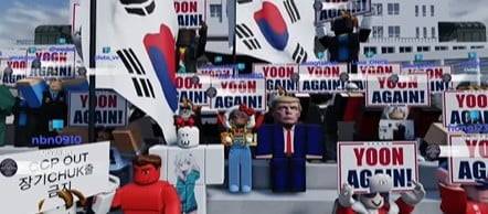 로블록스 내에서 10대 이용자들이 플레이한 것으로 추정되는 '윤어게인' 집회 모습. / 사진=인스타그램 캡처