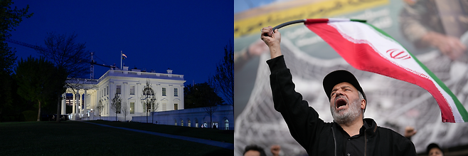 지난 7일 화요일 오후 8시(현지시간) 미국 워싱턴 백악관의 모습(왼쪽). 지난 8일(현지시간) 미국과의 2주간 휴전 발표 직후 이란 테헤란에서 열린 집회에서 한 이란 정부 지지자가 구호를 외치고 있다. AP연합뉴스