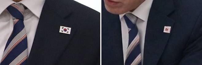 김민석 총리가 실제 착용한 태극기 뱃지(왼쪽) AI 보정 사진 속 김민속 총리가 착용한 뱃지는 문양이 일그러져 있다. 박덕흠 의원실 제공