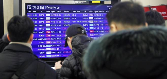 지난 2월 기상 악화로 제주국제공항 운항 안내판에 결항과 지연 상황이 안내되고 있다. 연합뉴스