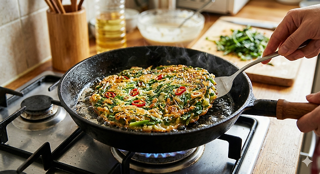 바삭하게 부쳐낸 세발나물전을 간장과 식초를 섞은 간장 양념장에 찍어 먹으면 밥 반찬은 물론, 간단한 술안주로도 손색이 없다. 구글 제미나이 생성 이미지