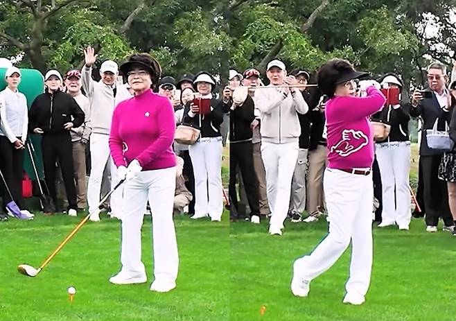 이길여 가천길재단 회장이 2025년 10월19일 골프 시타를 하는 모습. 꼿꼿한 자세가 눈길을 끌었다. 유튜브 채널 ‘길병원TV’ 캡처