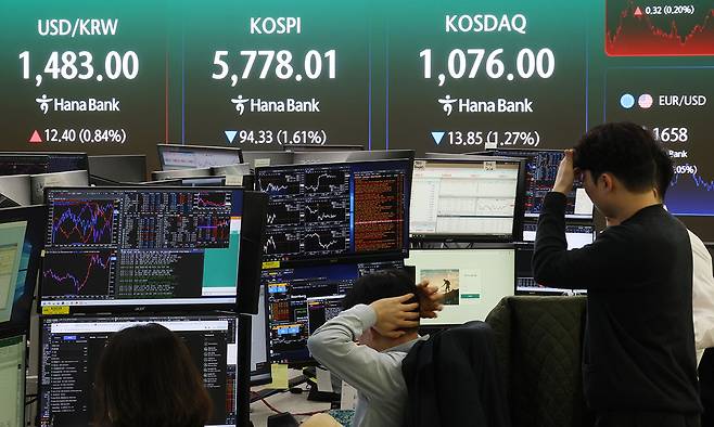 9일 중구 하나은행 본점 딜링룸 전광판에 코스피와 코스닥지수, 원/달러 환율이 표시돼 있다. 연합뉴스
