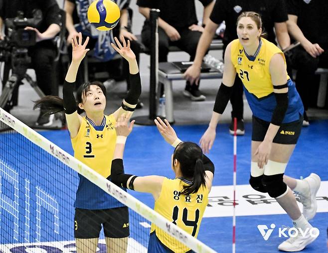 토스하는 세터 김다인(맨 왼쪽) [한국배구연맹 제공. 재판매 및 DB 금지]