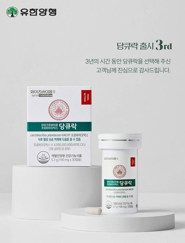 유한양행은&nbsp;국내 최초 혈당 기능성 프로바이오틱스 제품 '당큐락'이 출시 3주년을 맞아 누적 매출 600억원을 기록했다고 밝혔다. [출처=유한양행]