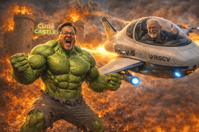 엔비디아가 고비용·폐쇄적 생태계로 AI 시장을 독점한 가운데, 짐 켈러의 텐스토렌트가 오픈소스 기반의 저비용·조립식 기술로 반격에 나섰다. '초고가 장비가 무조건 필수'라는 시장의 맹신을 깨고 새로운 기술 표준을 세우려는 치열한 패권 다툼이다. /챗GPT 제작 이미지&nbsp;