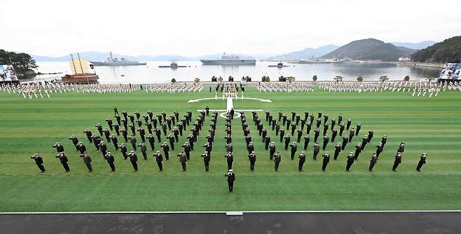 지난 2월 27일 경남 창원시 해군사관학교 연병장에서 열린 해군사관학교 제80기 사관생도 졸업식에서 사관생도들이 경례를 하고 있다. (사진=해군)