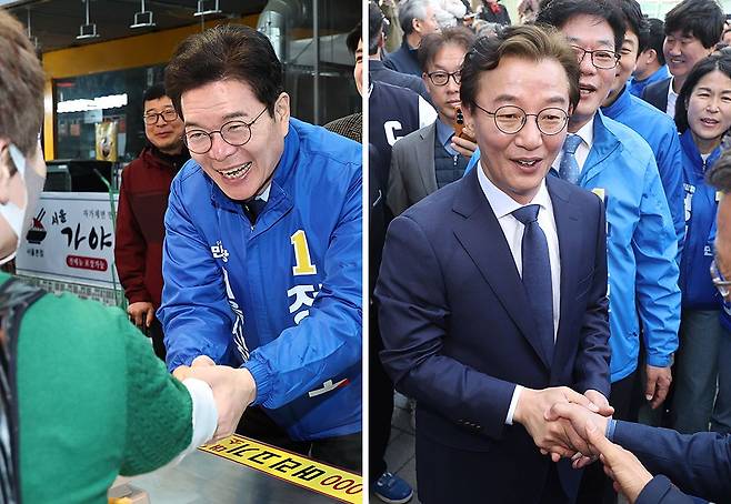 더불어민주당은 9일 6·3 지방선거 서울시장 후보로 정원오 전 성동구청장을, 부산시장 후보로 전재수 의원을 확정했다. 정 후보가 이날 서울 동원전통시장을 방문해 상인과 인사하고 있다(왼쪽 사진). 전 후보가 지난 2일 부산 수정시장에서 시민들과 인사하고 있다. 송봉근 객원기자, [연합뉴스]