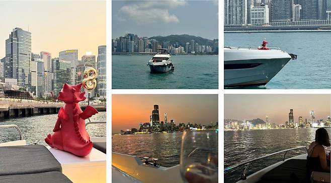 로즈우드 홍콩에서부터 컨벤션센터까지 전용 요트를 타고 갔다 올 수 있다. 돌아올 때 이곳에서 보는 일몰은 장관이었다. 보트에서는 물과 샴페인을 제공한다. 사진 로즈우드 홍콩