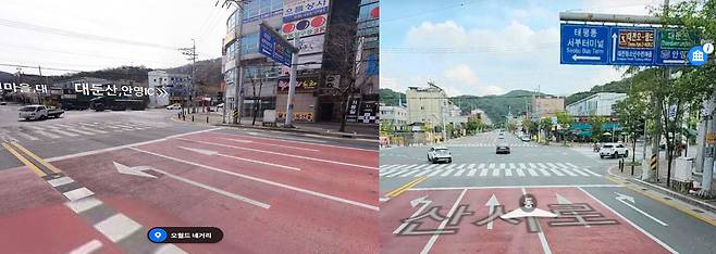 오월드네거리의 네이버 로드뷰 2025년 4월 사진(왼쪽) 오월드네거리의 다음 로드뷰 2025년 9월 사진 (오른쪽)