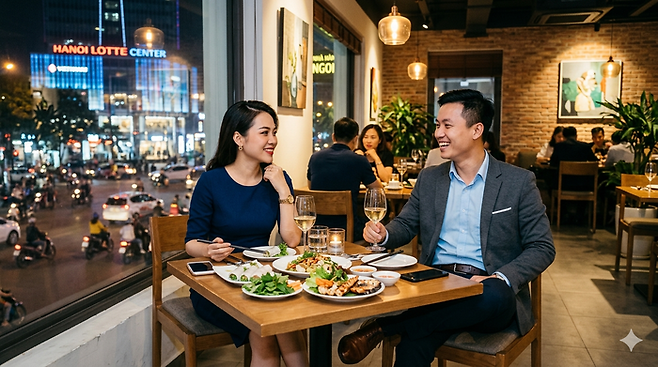 베트남 직장인 남녀가 외식하는 모습. [Gemini 생성 이미지]