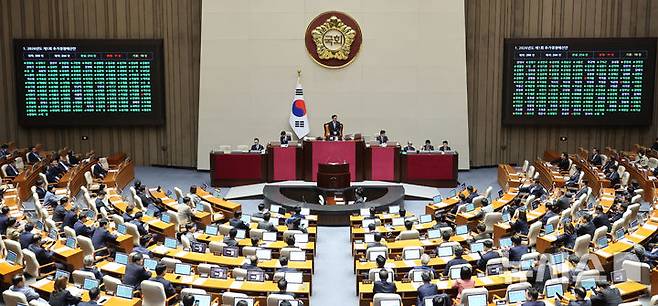 [서울=뉴시스] 김금보 기자 = 2026년도 제1회 추가경정예산안이 10일 오후 서울 여의도 국회에서 열린 제434회국회(임시회) 제3차 본회의에서 가결되고 있다. 2026.04.10. kgb@newsis.com