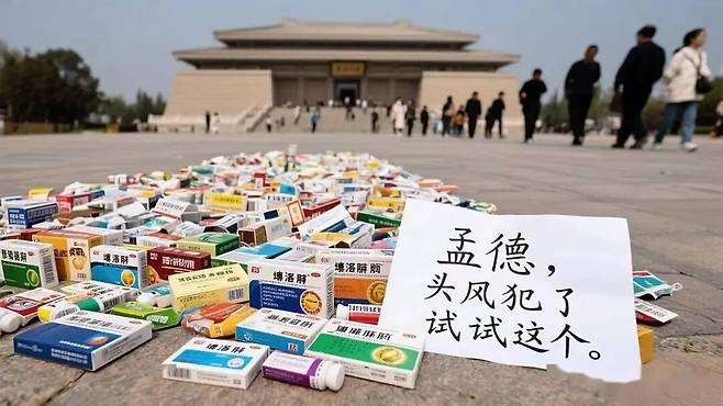 조조의 무덤 고릉 앞에 중국 젊은이들이 놓고 간 두통약 이부프로펜과 ″맹덕(조조의 이름), 심한 두통에는 이 약을 드셔보세요″라는 안내문 [출처=웨이보 캡쳐]