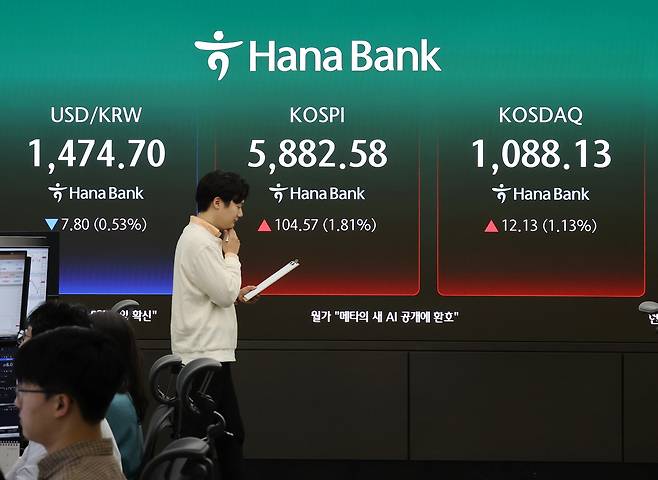 10일 서울 중구 하나은행 본점 딜링룸에서 직원들이 업무를 보고 있다.  연합뉴스