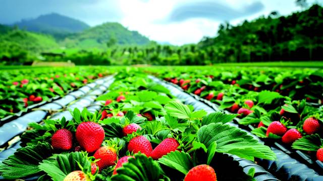 밀양 삼랑진 노지에서 토경재배 중인 딸기가 탐스럽게 익어 있다./김시탁 시인/