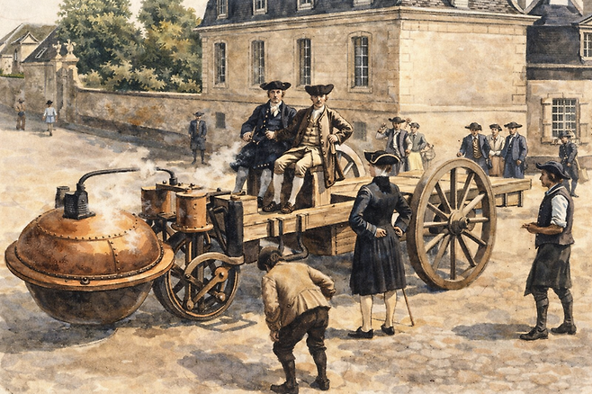 산업혁명의 발상지이자 증기기관의 종주국이었던 영국은 이미 19세기 초, 말이 끄는 마차의 시대를 넘어설 준비를 마치고 있었다. 사진 속 장면은 말의 힘 없이 스스로 움직이는 증기 동력 차량을 시험 운행하던 초기의 모습이다. 거대한 보일러와 투박한 바퀴를 단 이 기계는 아직 서툴고 위태로워 보이지만, 당시 사람들에게는 전혀 다른 문명의 서막을 알리는 충격적인 풍경이었다.