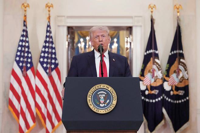 도널드 트럼프 미국 대통령이 4월1일 백악관에서 이란 전쟁에 대해 연설하고 있다. ⓒAFP 연합