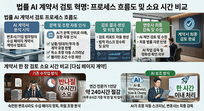 법률 AI 계약서 검토 프로세스 흐름도 및 소요 시간 비교표. /서용운 제공