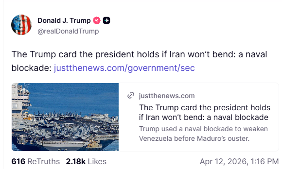 이란에 대한 해상 봉쇄 가능성을 시사한 도널드 트럼프 미국 대통령의 트루스소셜 글[사진=트루스소셜 캡처]